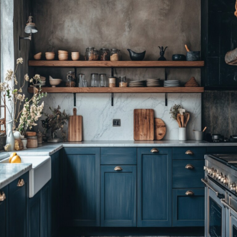 Classic Indigo Blue L-Shaped Kitchen Design with Matte Finish